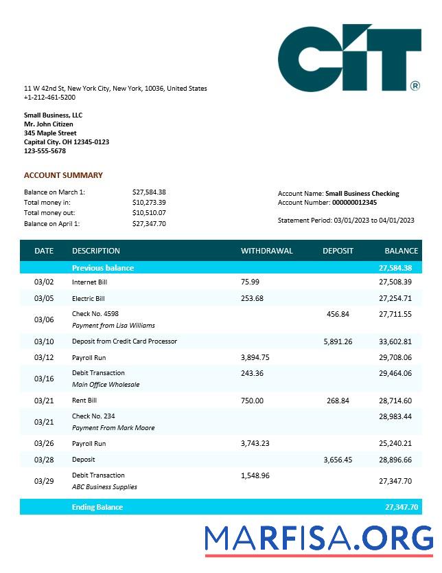 Realistic CIT Bank business checking account statement Word and PDF template